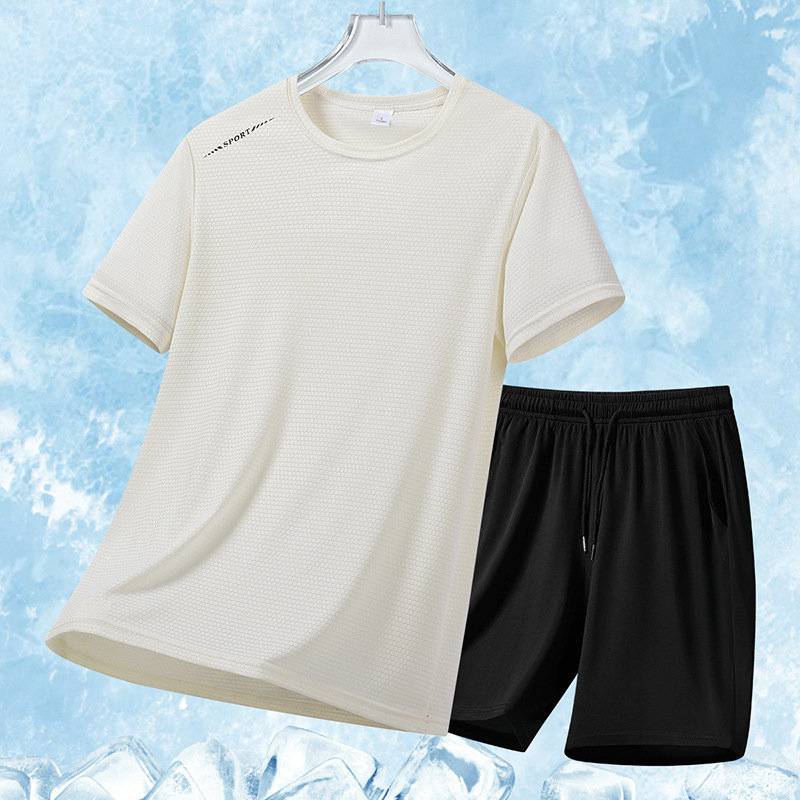 Ice Silk Summer Traje deportivo casual para hombre Cool suelto de dos piezas para hombre Camiseta transpirable de secado rápido Pantalones cortos para hombre