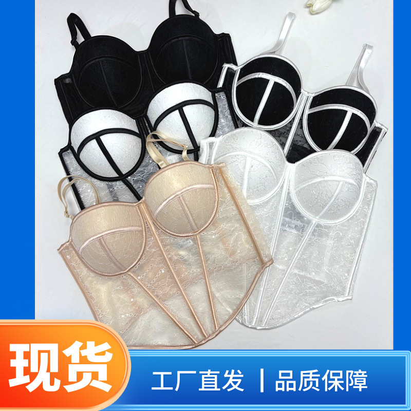 European and American Fashion Sequin Lace Outerwear Fishbone Top Tank Top Mesh High-End See-Through Beautiful Back Strapless Tube Top