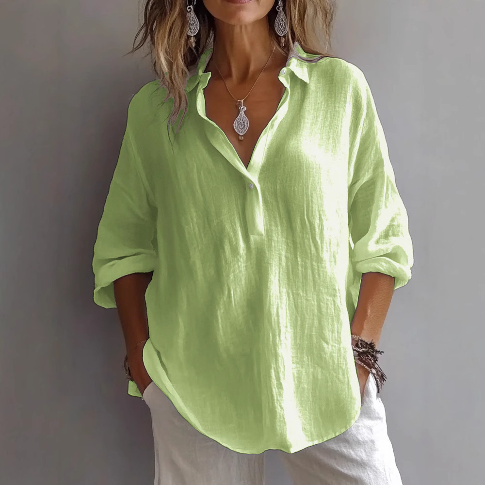 Blusa traspirante in cotone e lino con scollo a V - Top tunica a maniche lunghe dalla vestibilità comoda per donna, colori tenui e tinta unita_voghion.com