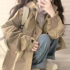 早春季oversize卡其色连帽冲锋衣女春秋宽松设计感工装夹克外套潮