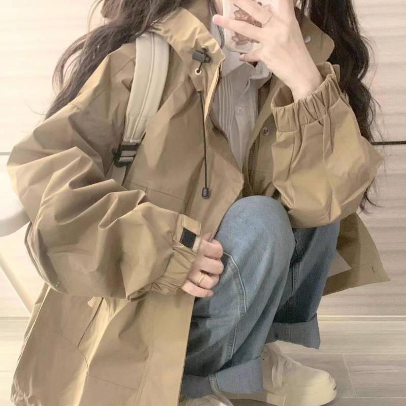 早春季oversize卡其色连帽冲锋衣女春秋宽松设计感工装夹克外套潮|undefined
