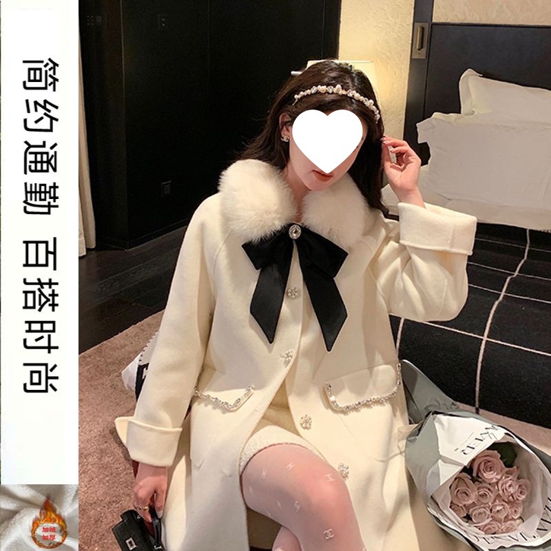 圣诞新年秋冬新款蝴蝶结中长款加绒加厚爆款宽松百搭毛呢外套女潮