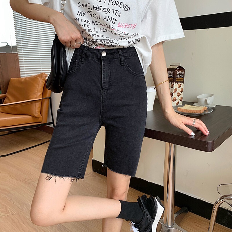 Rough Denim Shorts Women's Summer New Arrival Black High Waist Stretch Slim-Fit Slimming All-Match Riding Trendy Half Pants