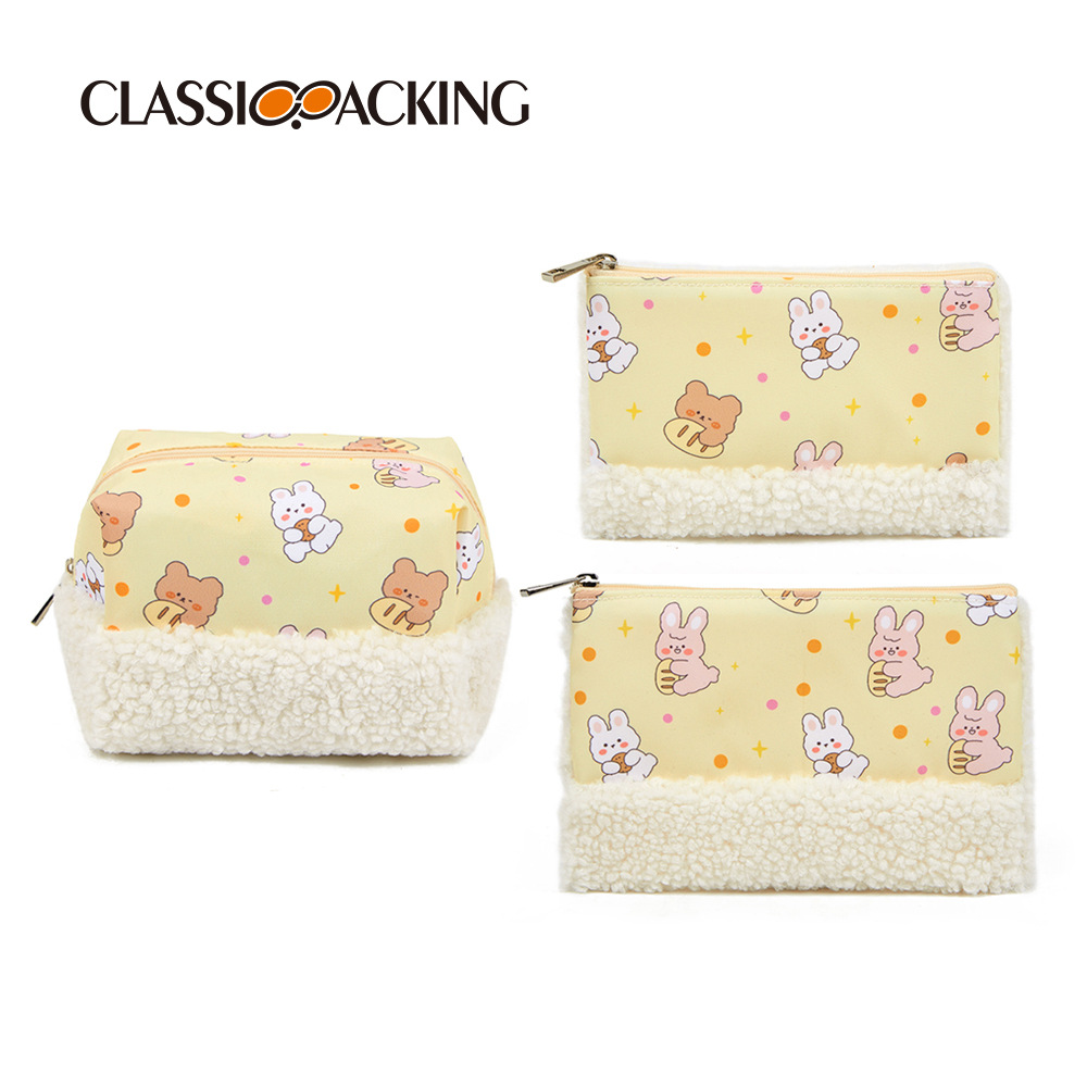 Japonés ins estilo bolsa de almacenamiento traje de gran capacidad productos cosméticos bolsa de cosméticos de tres piezas conjunto costura felpa lavado