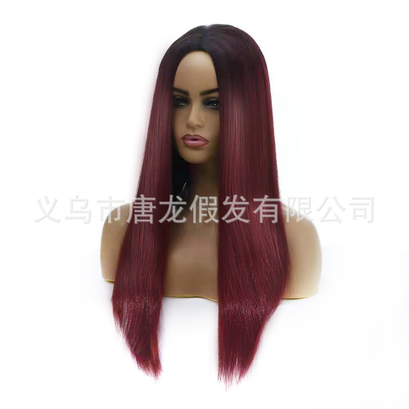 Wig Female European and American Wig Female Wig Multi-Color Medium-Length Straight Hair Chemical Fiber Headgear Medium-Length Glossy