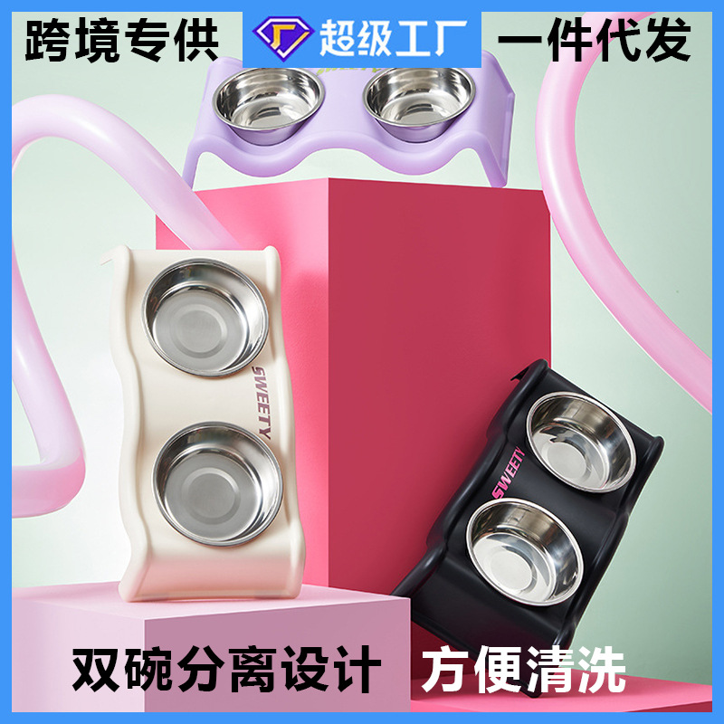 Perro de acero inoxidable doble tazón antideslizante anti-derribado tazón de mascotas en forma de onda cuello protector de gato tazón de gran capacidad tazón de perro al por mayor