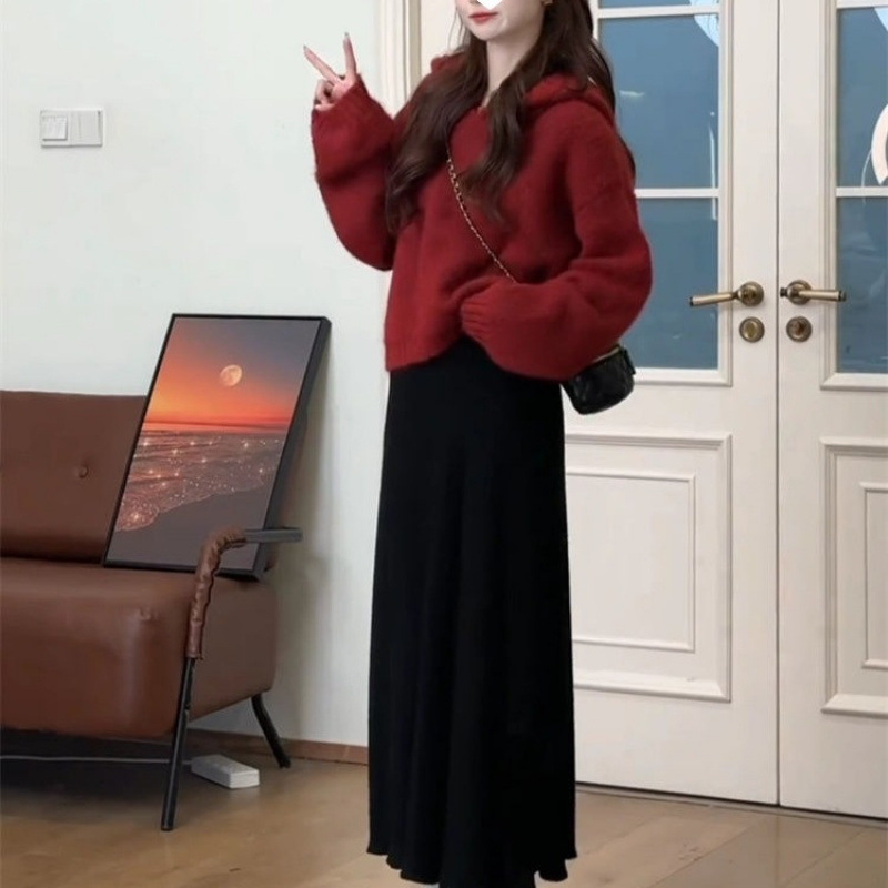 2025初冬搭配一整套连帽毛衣女半身裙两件套小个子时尚减龄套装|undefined