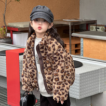 艾摩贝贝2025冬女童夹棉加厚豹纹棉衣保暖立领棉服防风毛绒外套