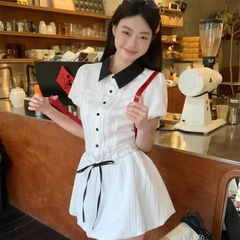 女性のための白いシャツドレス 2025 夏韓国スタイルの気質ウエスト痩身カレッジスタイルスーツショートスカート