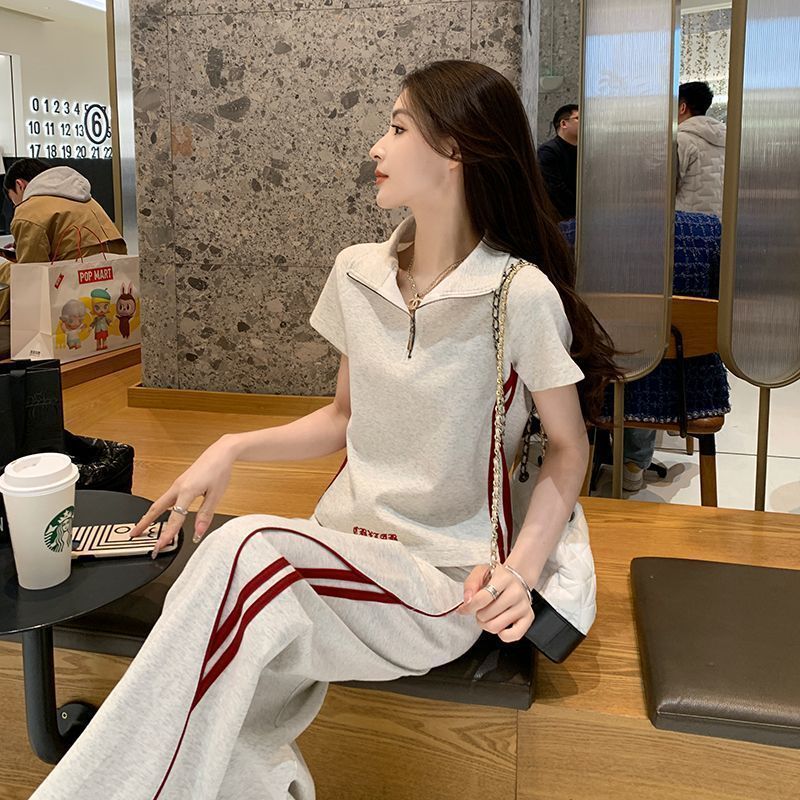 Summer Outfit Set: 2026 New Korean Style Age-Reducing Sporty Casual Short-Sleeve Wide-Leg Pants Two-Piece Set for Women Summer Outfit Set: 2026 New Korean Style Age-Reducing Sporty Casual Short-Sleeve Wide-Leg Pants Two-Piece Set for Women