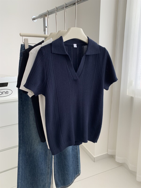 French-Style Minimalist V-Neck Turn-Down Collar Pure Cotton Knit Short-Sleeve T-Shirt Polo Shirt French Aesthetic Pullover Top for Women French-Style Minimalist V-Neck Turn-Down Collar Pure Cotton Knit Short-Sleeve T-Shirt Polo Shirt French Aesthetic Pullover Top for Women