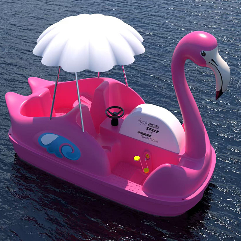 新款4人火烈鸟电动游乐船公园六人水上游船卡通脚踏船网红观光船