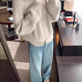 翻领麻花女秋冬外套羊毛开衫上衣针织衫毛衣拉链新款宽松慵懒