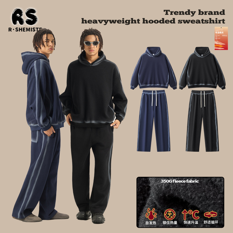 Rs Men's Clothing | Cross-Border 350g Washed Spray Horse Sweatshirt Suit American Retro Fleece Sweatshirt and Sweatpants Suit for Men