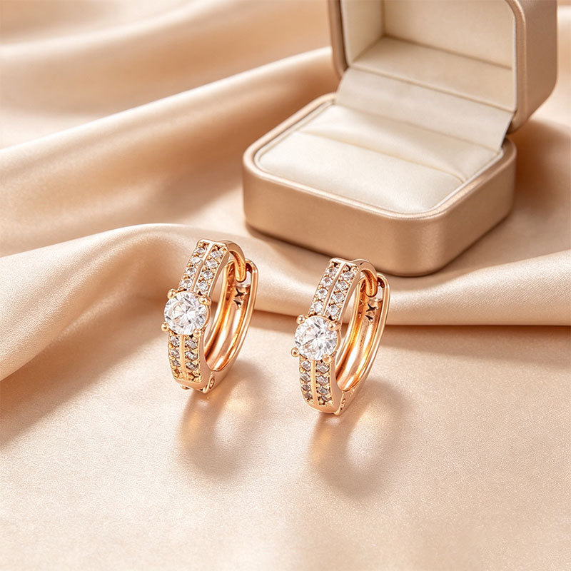 Pendientes de aro Xuping transfronterizos rusos de 18k con incrustaciones de diamantes, joyería de lujo ligero de alta gama al por mayor para mujer. image 17