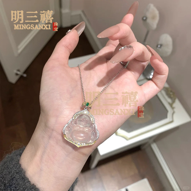 Ice Chalcedony Buddha Pendant Necklace for Women Maitreya Buddha Laughing Buddha Necklace Big Belly Sitting Buddha Sweater Chain Accessories for Gifts