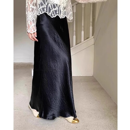 French solid acetate satin side slit semi-body skirt for women - spring new arrival, high-waisted, slimming, elegant long fish-tail skirt