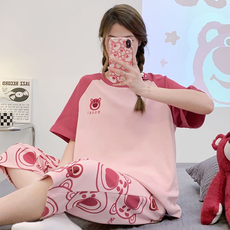 Pijamas con cojín de pecho para mujeres de verano nuevos pantalones de manga corta set de dibujos animados lindos de verano delgada ropa de hogar de tamaño grande