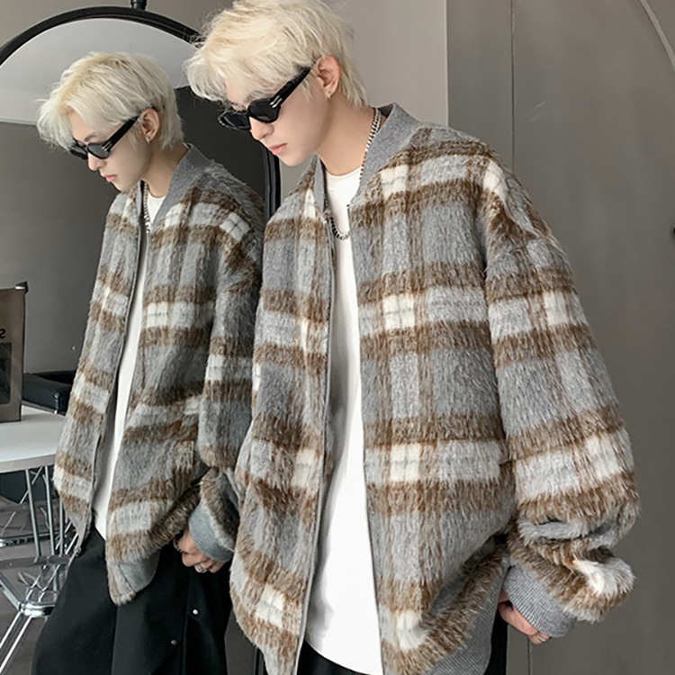 Versión coreana de la tendencia cleanfit marca de moda americano retro a cuadros camisa de lana chaqueta pequeña fragancia pareja