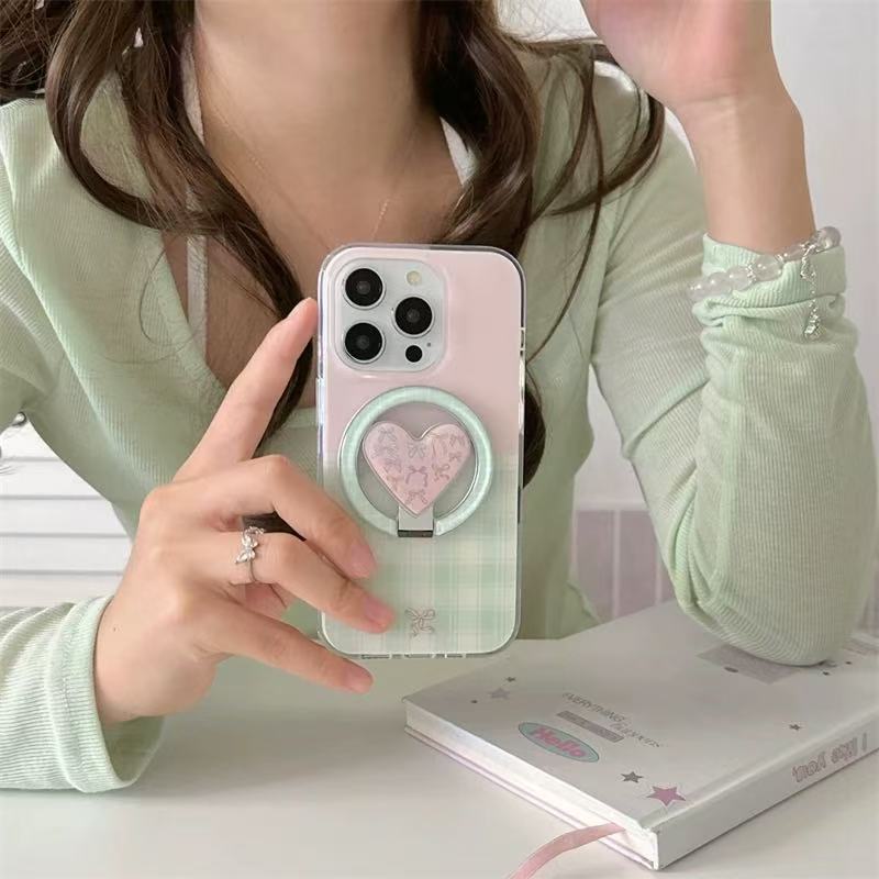 Estilo coreano ins florece costura a cuadros para iPhone16 soporte de amor 15ProMax funda para teléfono móvil Apple 14P