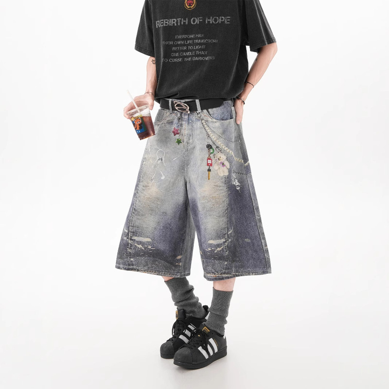 American-Style Full-Print Hanging Wide-Leg Denim Cropped Pants for Men and Women, Summer Trendy Hip-Hop Loose Casual Over-The-Knee Shorts