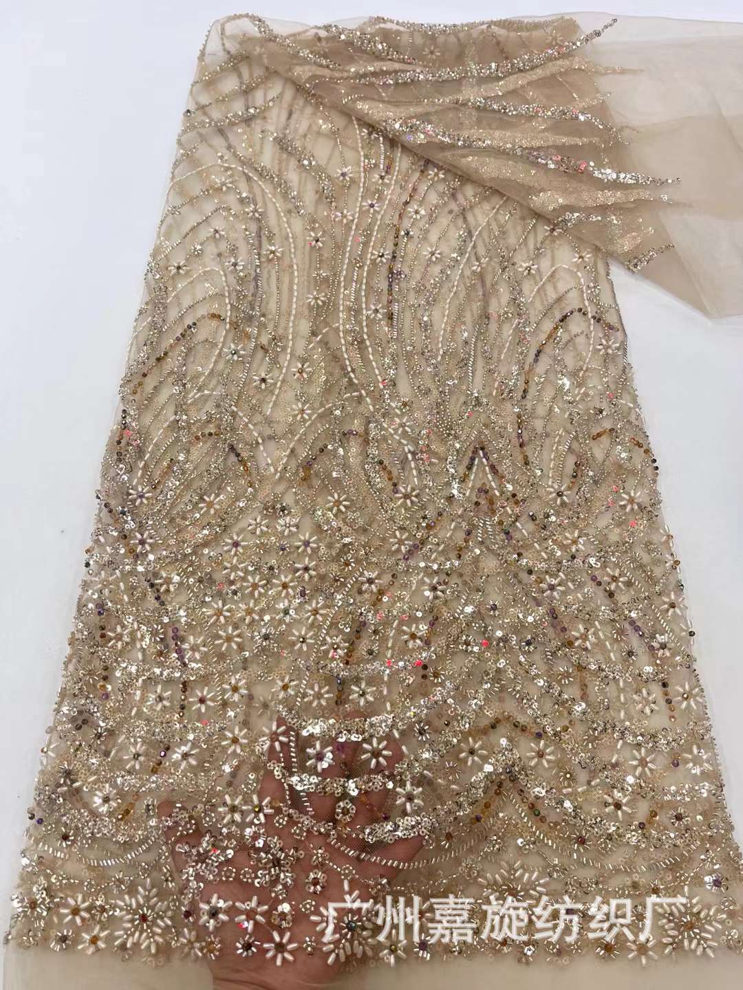 Vestido de novia francés industria pesada arroz cuentas lentejuelas encaje tela nupcial lentejuelas encaje tela J4003