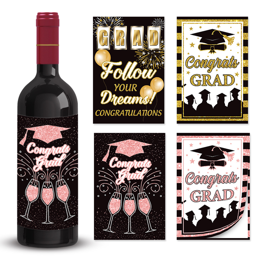 Nueva temporada de graduación fiesta decoración botella de vino pegatinas de la Universidad decoración fiesta vino botella pegatinas adhesivas