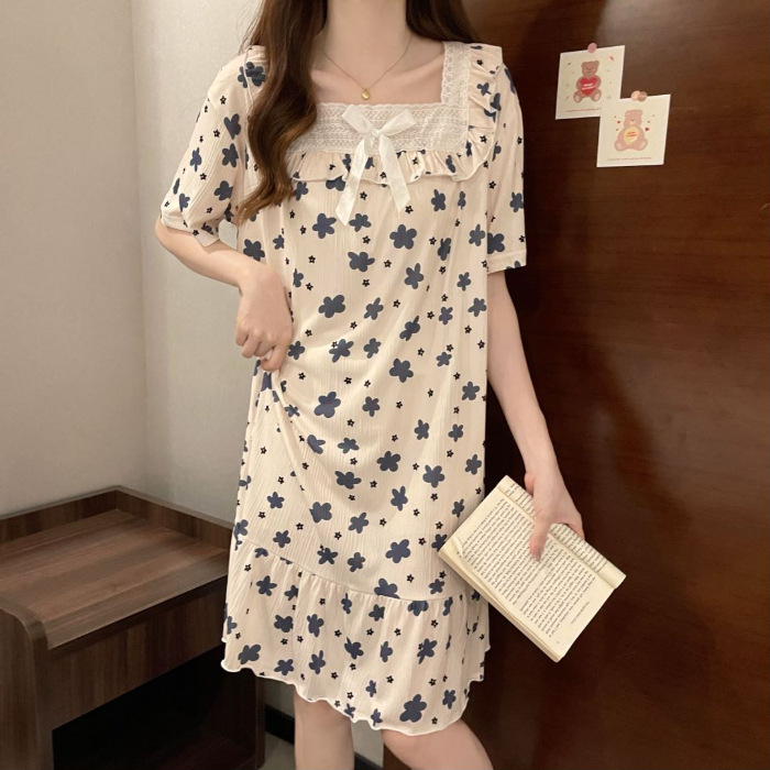 2024 pijama de mujer pijama de algodón de verano de manga corta encaje largo fresco ropa de hogar de estudiantes al por mayor