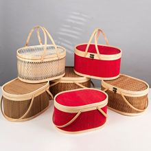 2025新款中秋国风中式手提篮礼盒椭圆形状竹编古代手提食盒提饭篮