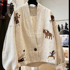 2025秋款上新高级感重工刺绣独特别致V领文艺复古棉麻短款外套女