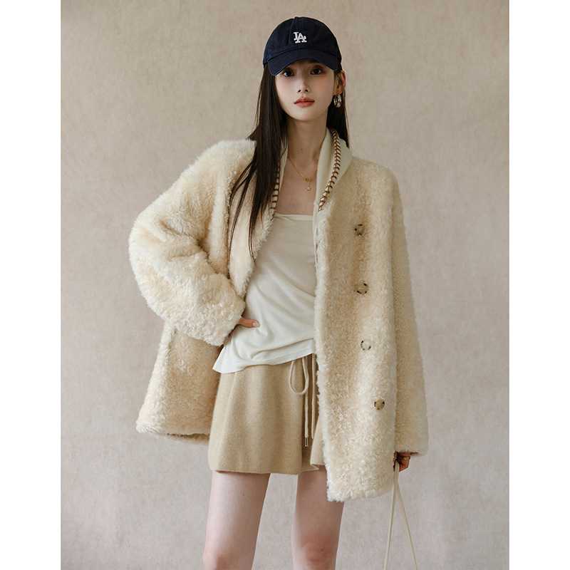 『寻真之旅』高支全羊毛皮毛一体中长款大衣千金贵气感羊羔毛皮草