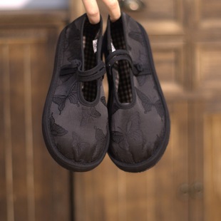 Mulberry Silk Noodles New Chinese Style Single Shoes Soft Sole Soft Face Comfortable Layered Cloth Shoes Ethnic Style Black Butterfly Buckle Women's Shoes