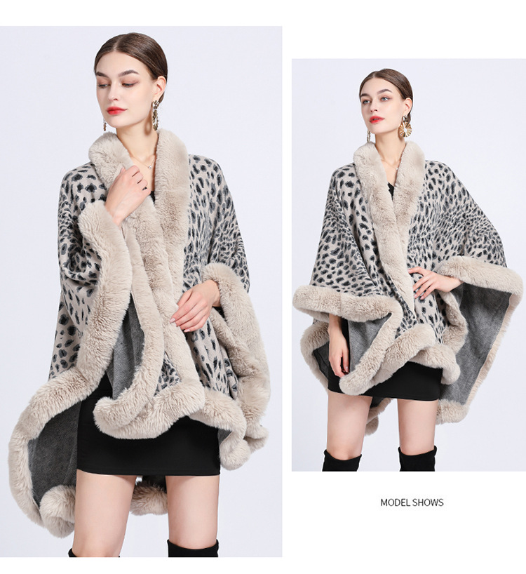Mantella in maglia con collo in pelliccia e stampa leopardata jacquard taglia grande cappotto cardigan donna_voghion.com