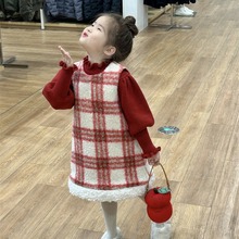 2023冬季新品 韩版童装  女童夹棉加厚背心裙  宝宝格子羊羔毛裙