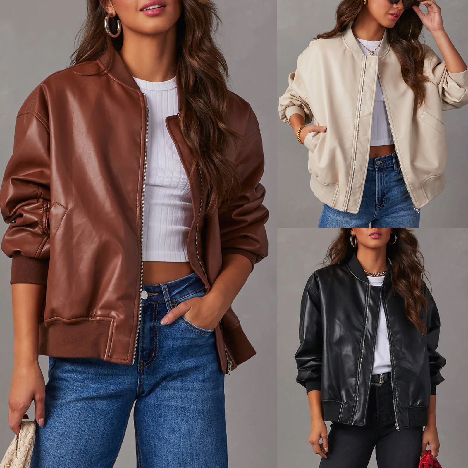 Women's Clothing Autumn and winter PU leather baseball jacket long sleeved motorcycle jacket leather jacket women_voghion.com