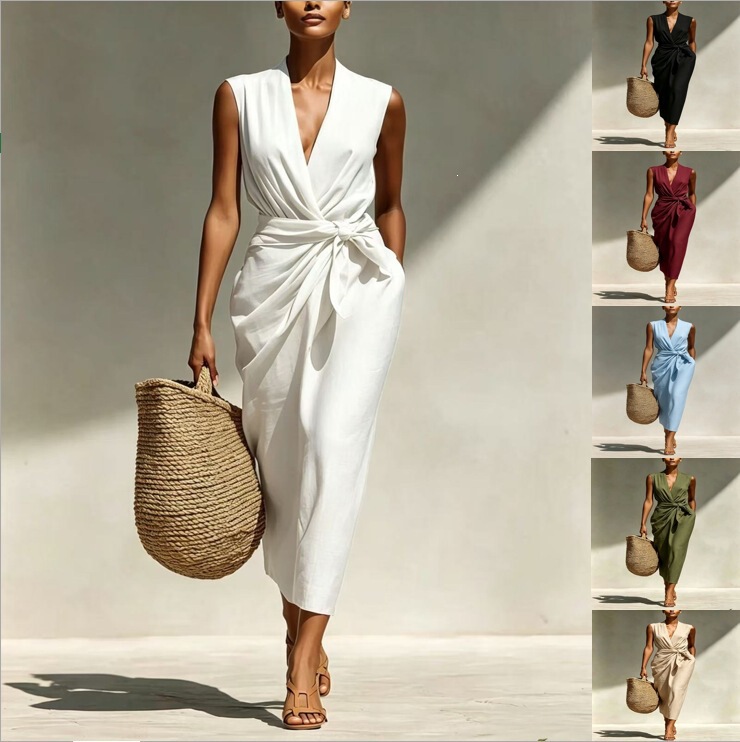 2026 Spring/Summer Cross-Border European and American Amazon Solid Color Wrap Strap Twisted V-Neck Sleeveless Cotton Linen Mid-Length Dress 2026 Spring/Summer Cross-Border European and American Amazon Solid Color Wrap Strap Twisted V-Neck Sleeveless Cotton Linen Mid-Length Dress