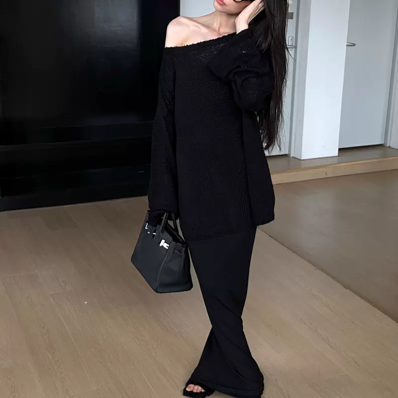 0122ste贵感松弛 黑色毛衣两件套女收腰显瘦抹胸连衣裙套装裙