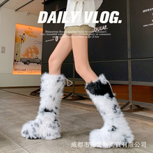 外贸跨境内增高圆头雪地靴女2026冬保暖厚底大筒围坡跟豹纹毛毛靴