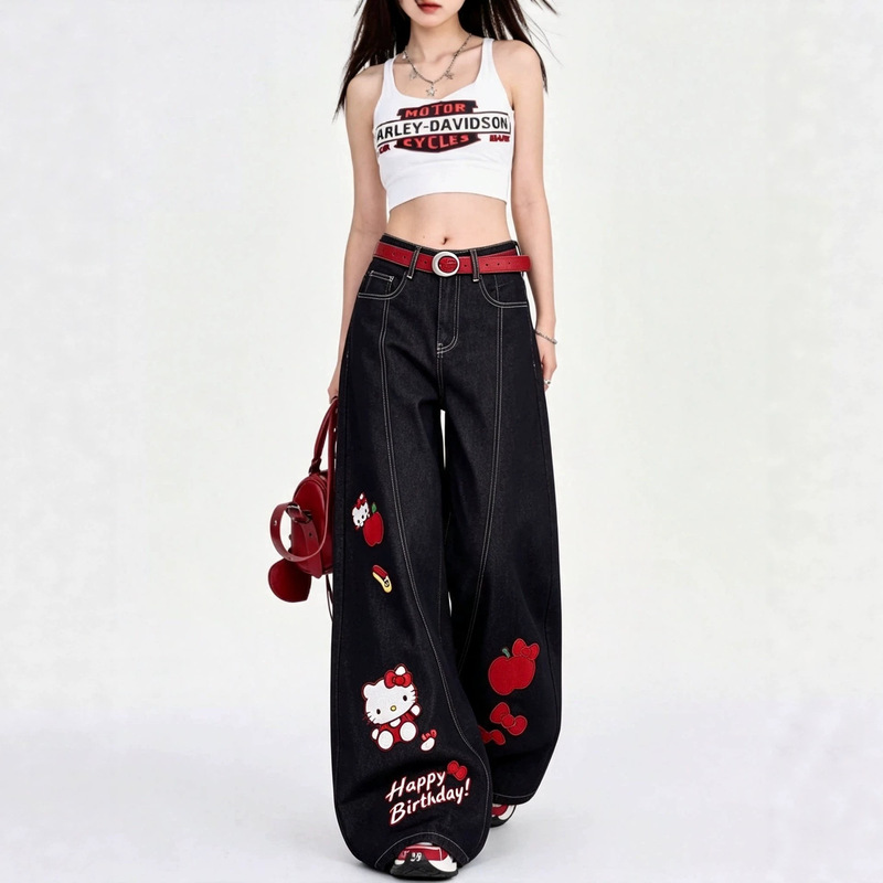 American retro Kitty cat embroidered curved hem jeans for women, spring and autumn 2026 new style, loose straight wide-leg pants American retro Kitty cat embroidered curved hem jeans for women, spring and autumn 2026 new style, loose straight wide-leg pants