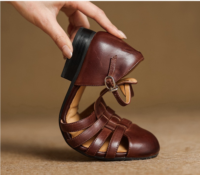 Sandal nữ mũi nhọn da bò quai chữ T gót thấp phong cách La Mã — nâu chi tiết 5