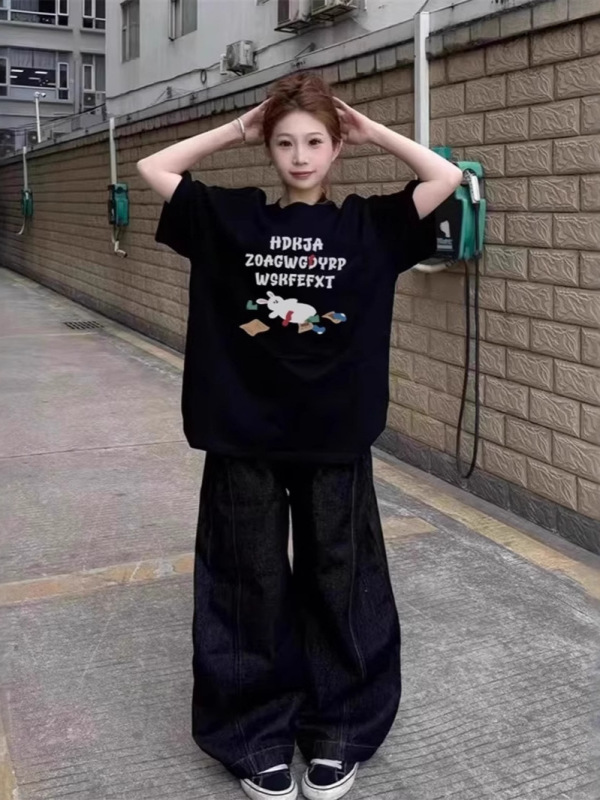 美式潮牌黑色短袖t恤女2025新款夏季宽松休闲oversize设计感上衣|undefined