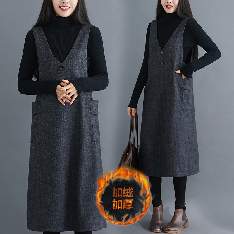 Real Shot of Plus Size Women's Clothing 2025 Autumn and Winter Loose Fleece-Lined Large Size Thick Woolen Mid-Length V-Neck Dress