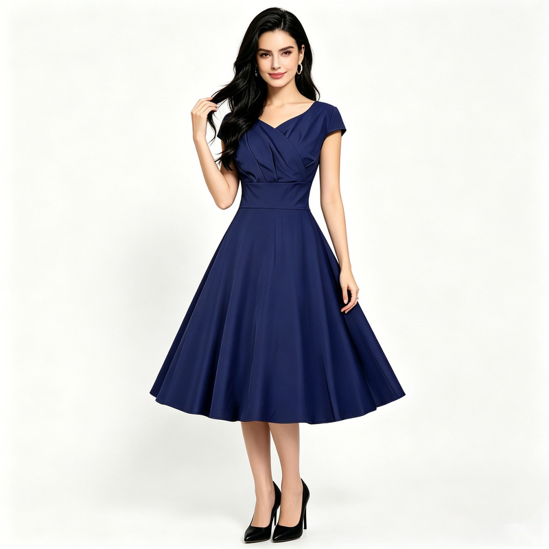 Navy Blue Retro Commuter Party Short-Sleeve V-Neck High-Waisted A-Line Slimming Mid-Length Dress Cross-Border Supply Navy Blue Retro Commuter Party Short-Sleeve V-Neck High-Waisted A-Line Slimming Mid-Length Dress Cross-Border Supply