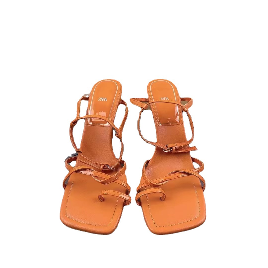  new high-heeled slim heel square toe straight strap cross strap sheepskin leather exposed toe exposed heel rear empty fashionable sandals for women