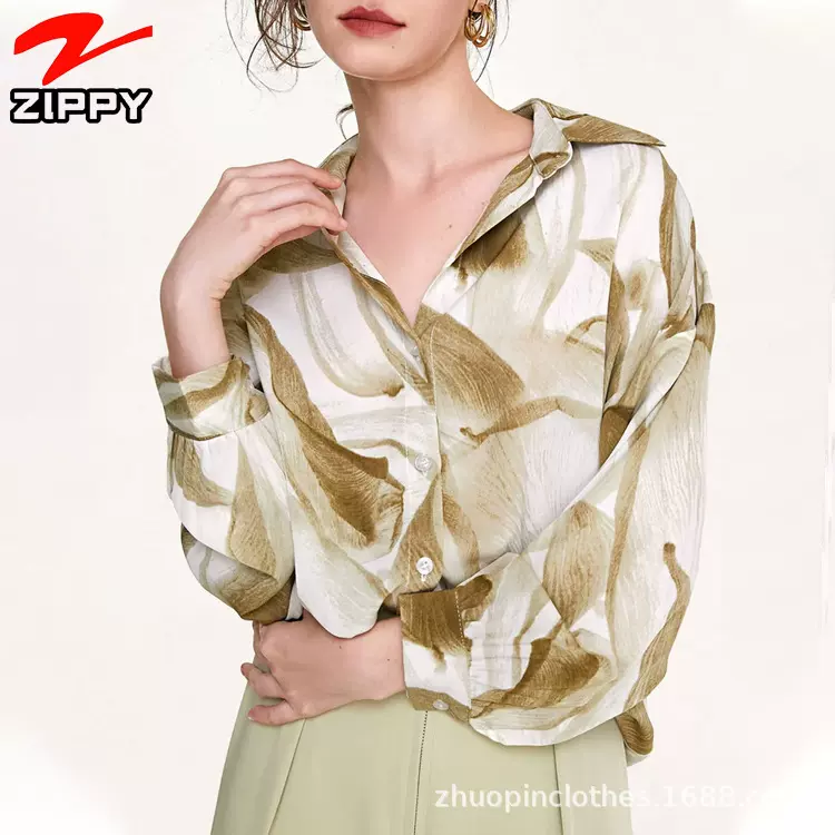 跨境韩系慵懒风宽松通勤百搭气质垂感长袖上衣定制水墨印花衬衫女