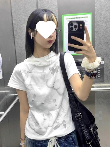 [210g, 40-count Pure Cotton] KT Cat Print Rhinestone-Embellished Short-Sleeve T-Shirt for Women | Designer-Like Hooded Slim-Fit Top