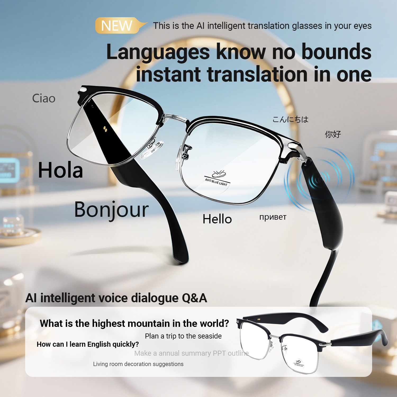 New Ai Translation Smart Bluetooth Glasses 100+ Languages Real-Time Translation Glasses Listening to Songs and Calling Sunglasses