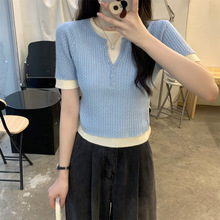 实拍夏季韩版撞色假两件针织衫女修身气质设计感短袖上衣潮64218
