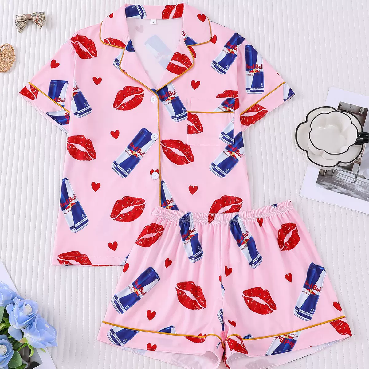 跨境欧美风外贸休闲舒适短袖翻领睡衣开衫女士印花家居服套装定制