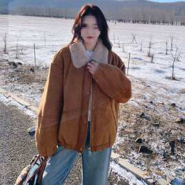 橘色超好看皮毛一体外套女冬新款设计感小个子麂皮绒保暖棉服